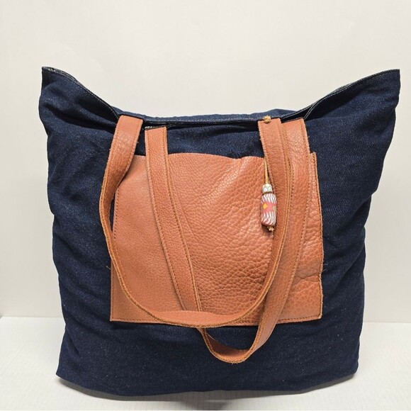 MOCAH Design Reversible Denim And Leather Boho Hippie Tote Bag - Picture 2 of 10